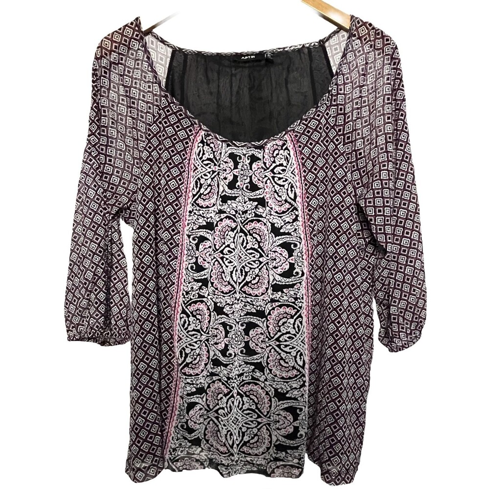 Apt 9 Top Puff Sleeve Scoop Black Pink Blouse Sheer Lined Plus 0X Boho Peasant